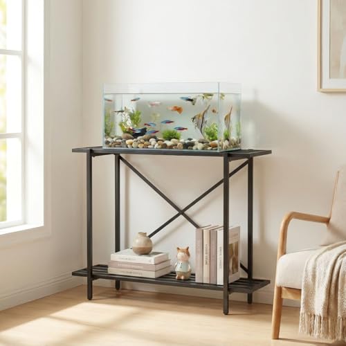 Image of ecofynd 2-Tier Fish Tank Stand, Double-Layer Aquarium Stand with Adjustable Table Feet, Heavy Metal Storage Rack Suitable for Home and Office, (Black, FS-PS050)