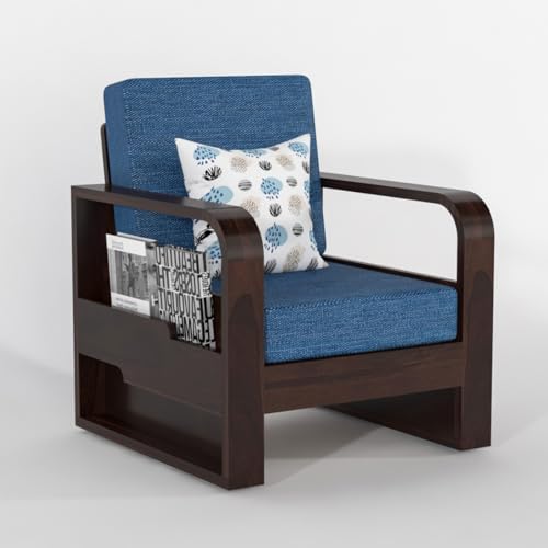 Image of Sheesham Wooden 1 Seater Sofa for Living Room | Solid Wood Sofa with Side Pocket Storage & Cushion | Rosewood Sofa Set for Home & Office | Lounge (Walnut with Blue Cushion, 1 Seater)