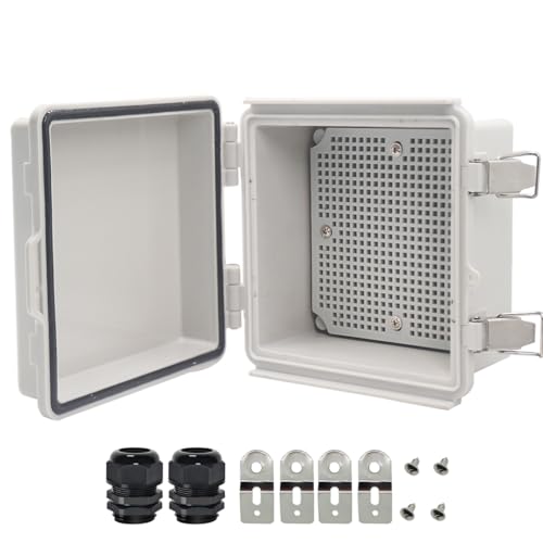 Image of Zulkit Junction Box,IP67 Waterproof Electrical Box Hinged Cover Stainless Steel Latch Plastic Enclosure for Project with Mounting Plate Wall Bracket and 2 Cable Gland Grey 5.9 inchx5.9 inchx3.5 inch(150x150x90mm)