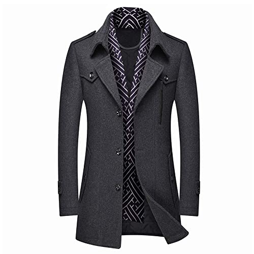 Image of DOSLAVIDA Men's Slim Fit Woolen Pea Coat Single Breasted Winter Warm Long Trench Jackets With Removable Soft Scarf