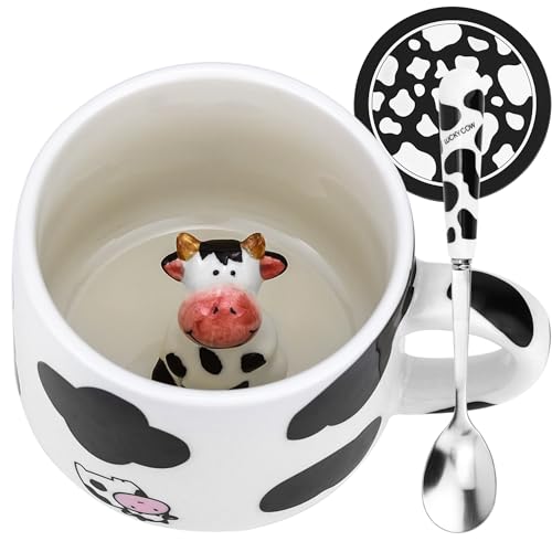 Arawat Tasse à café humoristique en forme de vache 350 ml avec cuillère et soucoupe en céramique, cadeau d'anniversaire pour femme, grand-mère, tante, tasse à café mignonne