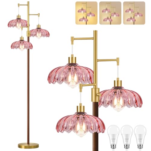 ZECOXOL Wood Floor Lamps for Living Room Bedroom-3 Light Glass Floor Lamp with Three Led Bulb,Modern Mid Century Standing Lamp Pink Tall Lamp Gold Tree Floor Lamp for Bedroom Corner