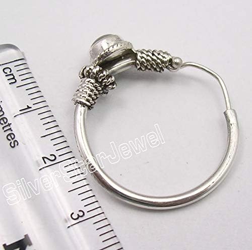 925 Solid Silver Blue Rainbow Moonstone Hoop Earrings 1.2" Stone Gift Hanukkah Gift Idea