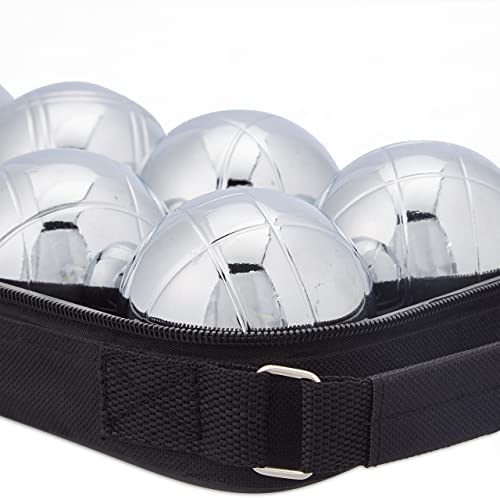 Foto von Relaxdays Boule Kugeln, 8 Metall Kugeln, Set mit Zielkugel & Abstandsmesser, Tragetasche, Boccia Spiel, silber/ schwarz