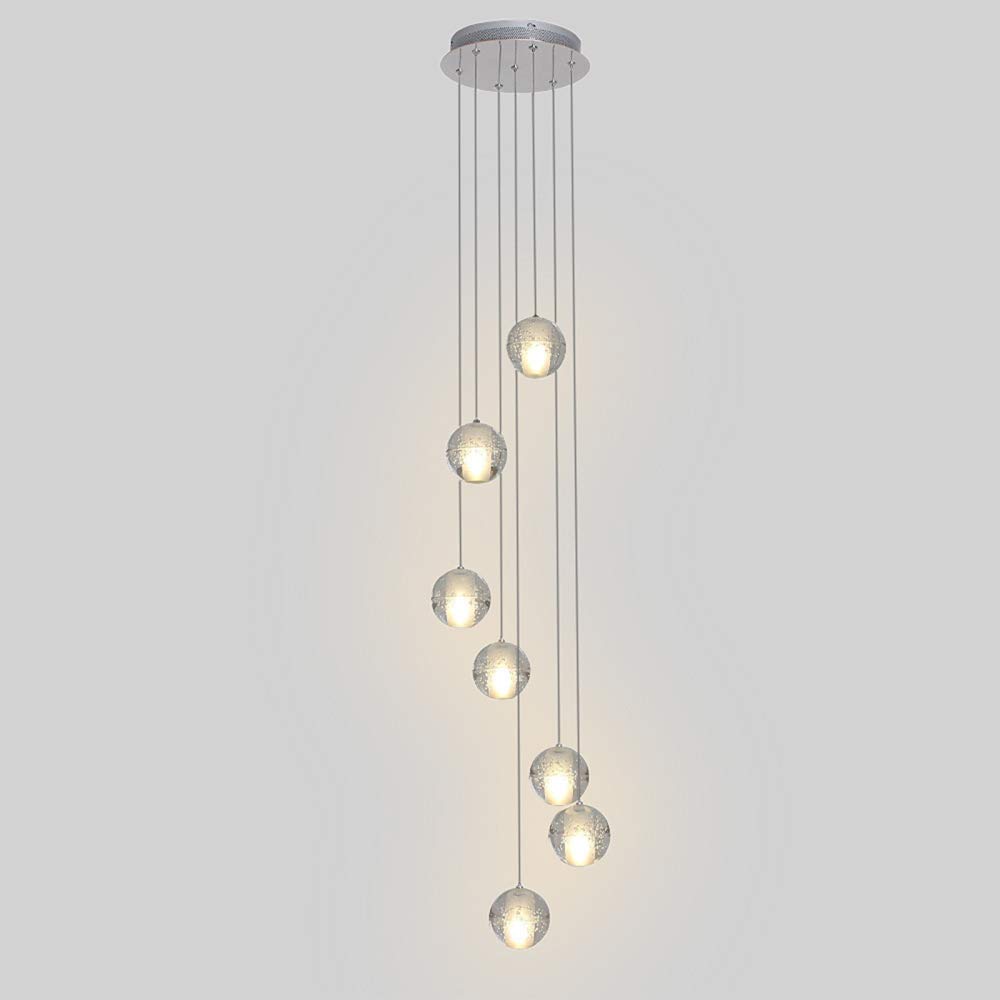 AIRUI 7 Heads Crystal Ball Pendant Light Modern Drop Chandelier Height Adjustable Hanging Lamp Ceiling Lighting For Living Room Spiral Staircase Hall,3 Step Dimming-G4 21W