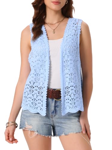Image of Allegra K Women's Floral Crochet Hollow Out Sleeveless Open Front Boho Vest Cardigan