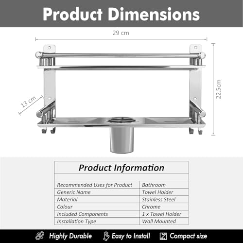 Image of Pivalo 304 Grade Stainless Steel Towel Holder Double Layer Chrome Finish Stand Hanger Wall Mount Bath Kitchen Bathroom Accessories Rack Shelf Organizer with Brush Holder (Silver, Set of 1, 1003)