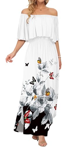 Image of AUSELILY Womens Off Shoulder Ruffle Split Summer Maxi Dresses with Pockets | Off-shoulder Ruffle dress with empire waist & side split for summer beach and casual parties