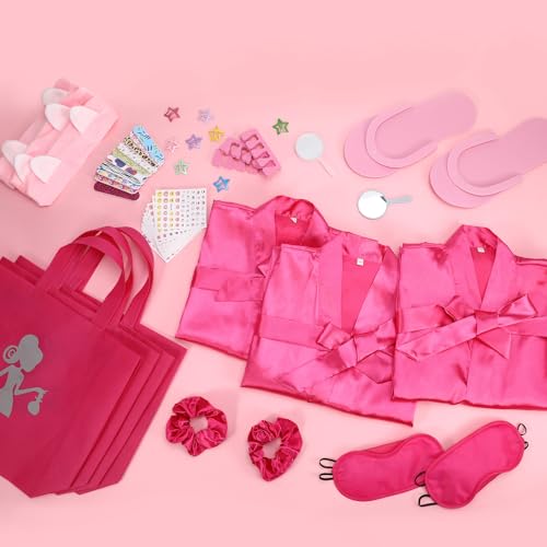 Hoemwarm 122 Pcs Kids Spa Party Favors Kit - Girls Satin Robes, Nail Salon & Tote Bags for Slumber, Birthday & Halloween Parties - Complete DIY Spa Set for 10 Guests