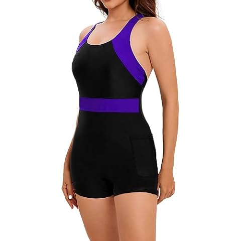 Yilisha Women Boyleg One Piece Swimsuits Modest Bathing Suit Shorts Athletic Teen Swimsuit Swimming Suits Swimwear Pocket Purple Cover