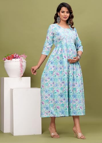 Image of Maternity Feeding Kurti for Women | Cotton Blend Anarkali Dress with Nursing Zip for Pre & Post Pregnancy