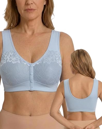 POSY BRA Posy Older Womens Bras - Comfortable Front Closure Button Wireless Shaping Bra for Senior (US Cup Band C 40 Blue)