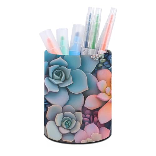 Image of Colorful Succulents Leather Pen Brush Holder Pencil Pots Desktop Storage Drawer Makeup Organizer for Office Desk Supplies