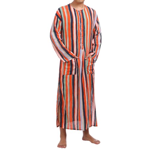 IWEMEK Muslim Thobe for Men Striped Kaftan Thobe with Pockets Saudi Arabic Robe Button up Dubai Abaya Caftan Ramadan Clothes