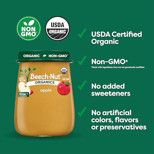 Beech-Nut Organic Baby Food Jars, Organic Apple Puree, Stage 1 Baby Food for Babies 4 Months and Up, Non-GMO, 4oz Glass Jars, 10ct - Thumbnail 3