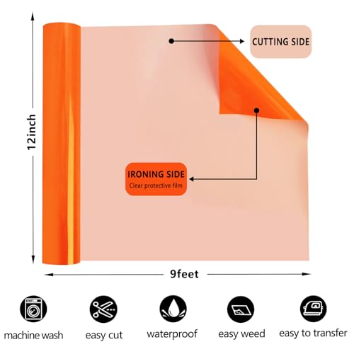 Image of FUNKAKA Heat Transfer Vinyl Neon Orange HTV Rolls, 12 inch x 9ft Iron on Vinyl | HTV Vinyl for All Cutter Machines for Shirts Easy to Cut & Weed for Heat Vinyl Design Arts Crafts Fabric (Fluorescent Orange)