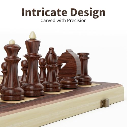 38cm Holz Klapp-Schach- und Dame-Set - 2-in-1 Brettspiel mit 7,6cm König Staunton Figuren und 2 zusätzlichen Damen