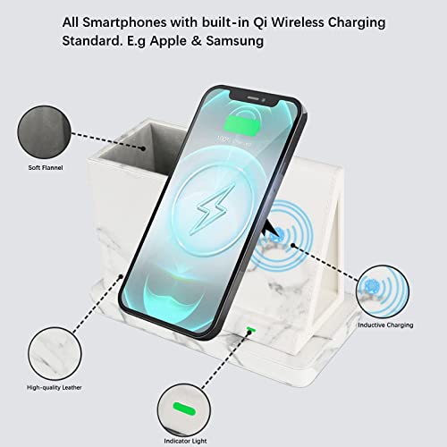 Wireless Charger With Desk Organizer, Wireless Charging Station For Iphone 14/14 Pro/13/12/11/Samsung Galaxy S23/S22/S21/S20/Note 20/Note 10, Wireless Charging Stand With Leather, Marble #TOP3