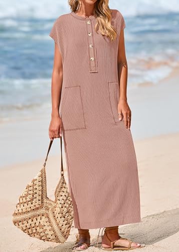Image of KIRUNDO Womens Summer Ribbed Knit Short Sleeve Maxi Dress | 2026 Spring Henley Button Up Knitted Tshirt Dress, Loose Beach Vacation Sundress, Teacher Dress, Loose Fit Nursing Friendly