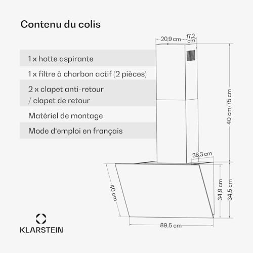 Klarstein FlashLine Hotte aspirante 90 cm A++ 524 m³ h 3 niveaux tactile silencieuse LED évacuation mode recyclage dair - vue 7