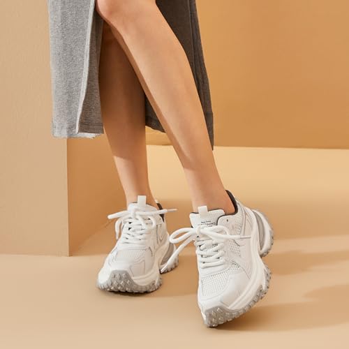 Image of BEAU TODAY Chunky Sneakers for Women, Womens Fashion Sneakers, Lightweight Leather Sneakers for Women, Comfortable Casual Lace-Up Breathable Dad Shoes