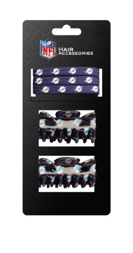 NFL Miami Dolphins Hair Accessory 2-Hair Clips and 3-Elastic Ponytail Bands