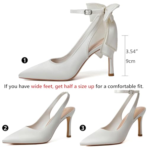 RIBONGZ Heels for Womens Bow Heels with Strappy Wedding Satin Shoes for Bride Closed Pointed Toe Stiletto Slingback Pumps Sexy Ankle Strap Prom Dressy Party Bridesmaid Shoes2