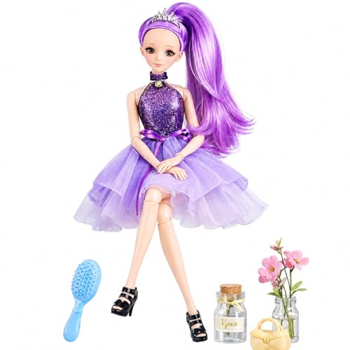 Image of Fashion Princess Doll - Sparkling Purple Hair & Glam Tulle Dress | Movable Hands & Legs | Premium Fashion Girl Doll Gift Set for Kids 3+ Years | Toys for Children