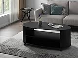 Table basse ovale, moderne et fonctionnelle, noire, à roulettes ou pieds vérins Longueur 120 cm Largeur 60 cm Hauteur 40 cm
