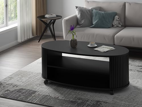 SIMMOB Table Basse Ovale, Moderne et Fonctionnelle, Noire, à roulettes ou Pieds vérins, L.120 cm x l.60 cm