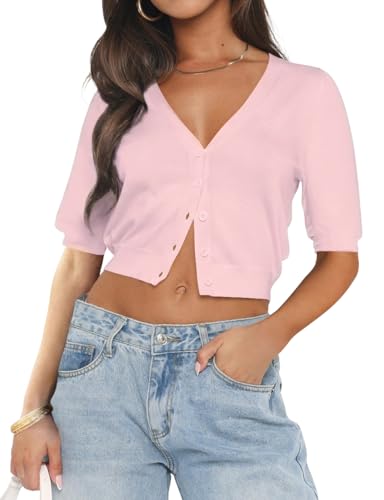 Ezbelle Summer V Neck Crop Tops Women's Cardigan Sweaters Button Up Shirt Knit Short Sleeve Tshirt Cropped Sweaters Lightweight Blouse Light Pink XL