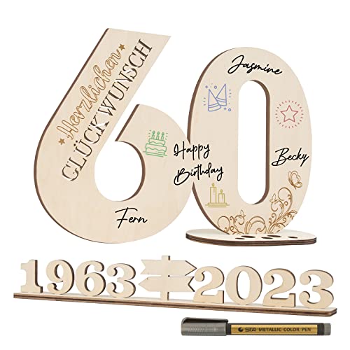 VINFUTUR Libro Firmas 60 Cumpleaños Madera Libro de Visitas Regalo Original 60 Cumpleaños Madera Tarjetas Felicitación Adornos Mesa Escritorio Casa