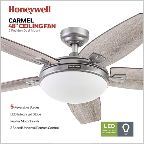 Image of Honeywell Ceiling Fans Carmel Modern 48 Inch Ceiling Fan with Light, Remote Control Fan, LED Indoor Fan with 5 Blades, Gray Oak and Brown Chestnut Blade Finish Options, Silver (51627-01)