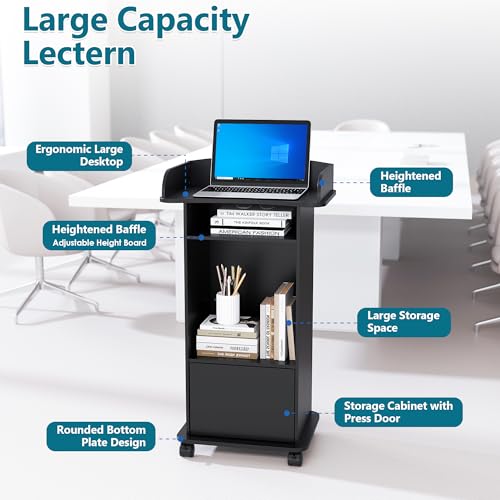 Qriocioa Podium Stand with Wheels Wooden Lectern Podium Stand Portable Pulpit Standing with Storage Mobile Reception Podiums Desk for Church Office School Conference Restaurant Meeting, Black - Thumbnail 3