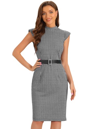 Allegra K Dressy Casual Sheath Dress for Women's Mock Neck Shoulder Pad Belt Houndstooth Dress