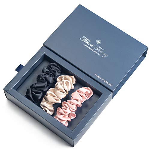 Fishers Finery 25 Momme 100% Pure Mulberry Silk Large Scrunchies, Hair Ties (Black Pink Champagne, 3 Pk)