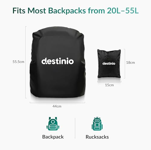 Image of Destinio Rain Cover for Bag Waterproof, Backpack Raincover for Laptop, School & Trekking Bags, Rip Resistant, Full Dust & Scratch Protection with Secure Buckle Strap & Storage Pouch (Black-20L to 55L)