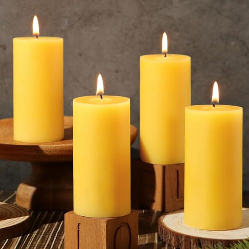 4 Pack Natural Beeswax Pillar Candles,100% Pure Beeswax Candles-140 Hours Long Burning,Organic Bees Wax Candles for Home,Paryer,Parties,Unscented Dripless Smokeless Beeswax Candle Bulk 2x4in
