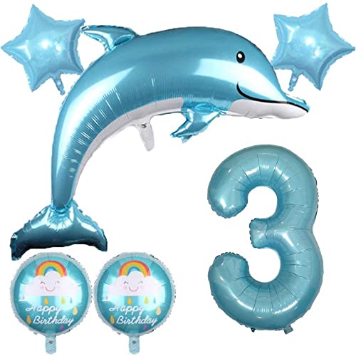 DIWULI Grand Set de Ballons Dauphin, Ballon Numéro 3 XXL Bleu, Ballons en Forme de Coquillage Happy Birthday, 3e Anniversaire d'une Fillette, Fête à Thème,...