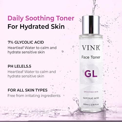 Image of VINR 7% Glycolic Acid Toner For Glowing Skin with 2% Niacinamide & 0.5% Hylauronic Acid |Dull & Uneven Texture, Pores & Blackheads | Hydrating Daily Face Toner for Women & Men | All Skin Types - 500ml(Pack of 5)