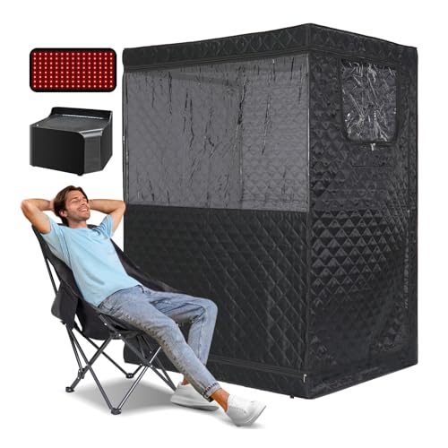 Smartamk Upgrade Portable Hot Air Sauna, 1 or 2 Person Home Sauna, 1500W & 149°F Dry Sauna Box, with 660nm Red Light Therapy, High-Back Adjustable Chair (110V)