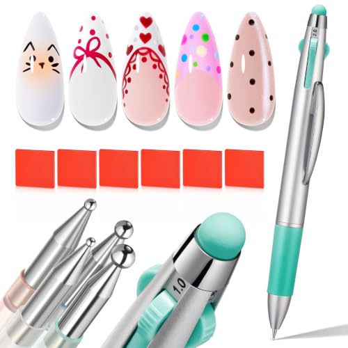 Image of Modelones 5 in One Nail Dotting Tool Pen, Nail Design Tools Pens with Sizes Marking Press Stainless Steel Tips & Silicone Applicator for Painting Dots Ombre Chrome Sculpting DIY Design