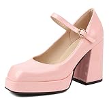  Bviennic Stylish Punta Quadrada Mary Jane Mujer Correa De Tobillo Tacón Chunky Pump Grande Fit Fiesta Bridal Plataforma Vestido Zapatos Charol Rosa Talla 38 Eu-39Cn