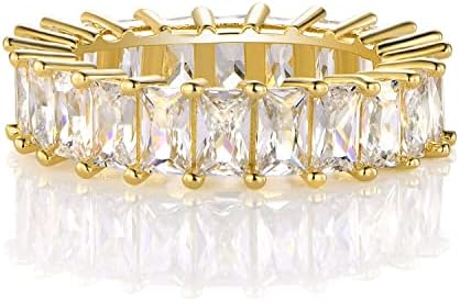 hwojjha 14K Gold Plated Ring Cubic Zirconia Emerald Cut Eternity Ring Band for Women Men (Emerald, 6)