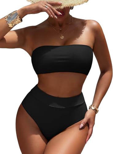 Pink Queen Women's Removable Strap Pad High Waist Bikini Set Swimsuit Black M