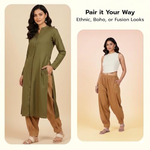 Image of Happy Bunny Women's Cotton Afghani Salwar with Lace Embroidery Detailing - Elastic Waist, Comfortable Loose Fit Bottoms for Casual, Ethnic