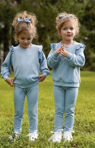 Image of Arshiner Toddler Girl 2Pcs Ribbed Knit Clothes Ruffle Trim Long-sleeve Pullover Sweatshirt and Leggings Fall Outfits 1-6T
