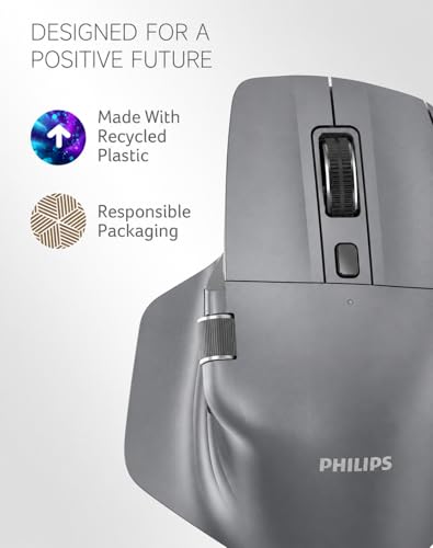 Image of Philips Ergonomic Wireless Mouse, Multi-Device Bluetooth (USB-A /C) for Laptop & Mac /PC, Silent Productivity Mouse with Side Scroll, 5-Level DPI Rechargeable Computer Mouse(Grey)