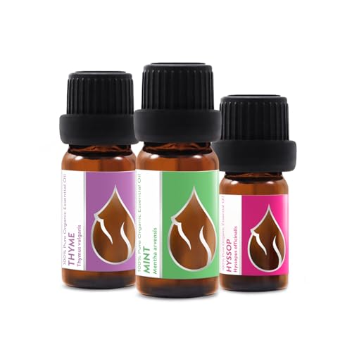 Zestaw Organicznych Olejków Eterycznych „Oddychaj Swobodnie” Tymianek (10ml) + Mięta (10ml) + Hyzop (5ml) | 100% Czysty i Naturalny | Nierozcieńczony | Klasa terapeutyczna| Gospodarstwo rodzinne 3 szt