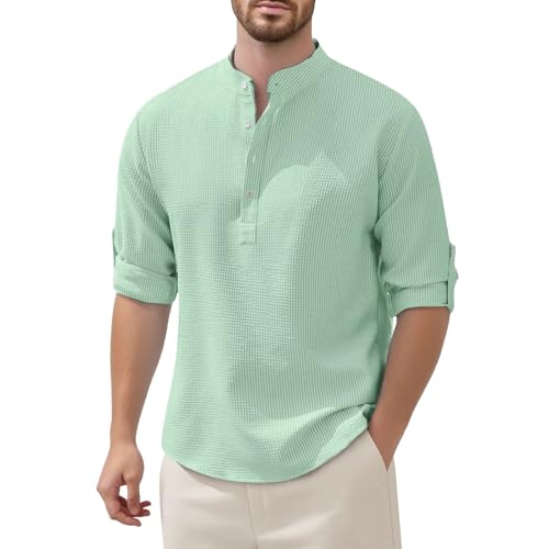 Camisa de lino para hombre, ligera, transpirable, de manga larga, cuello alto, monocolor, con botones, camisa de verano, camisa de playa, camisa de ocio, camisa de lino para senderismo, camping